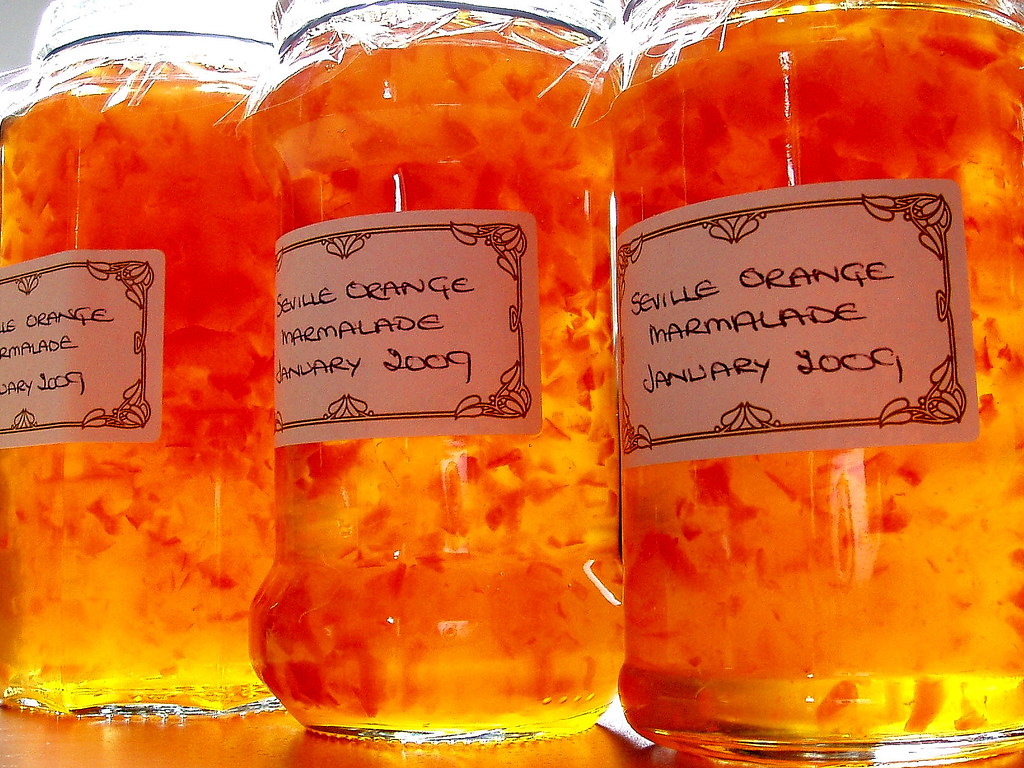 Jars of homemade Seville orange marmalade