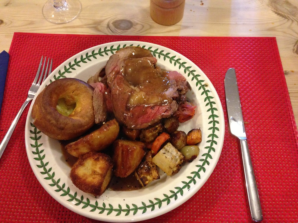 Roast beef with a Yorkshire pudding, roast potatoes and vegetables